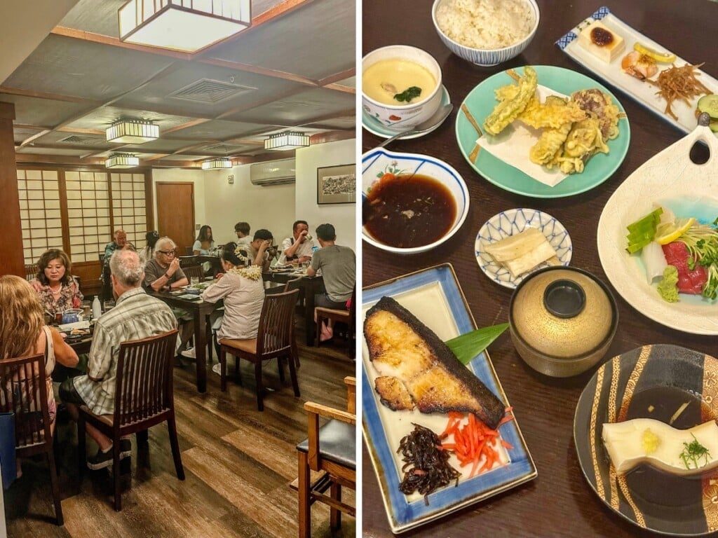 Left: Yoshitsune Restaurant a Japanese restaurant in Waikīkī. Left: Japanese dishes including, tempura, sashimi and fried fish dish.
