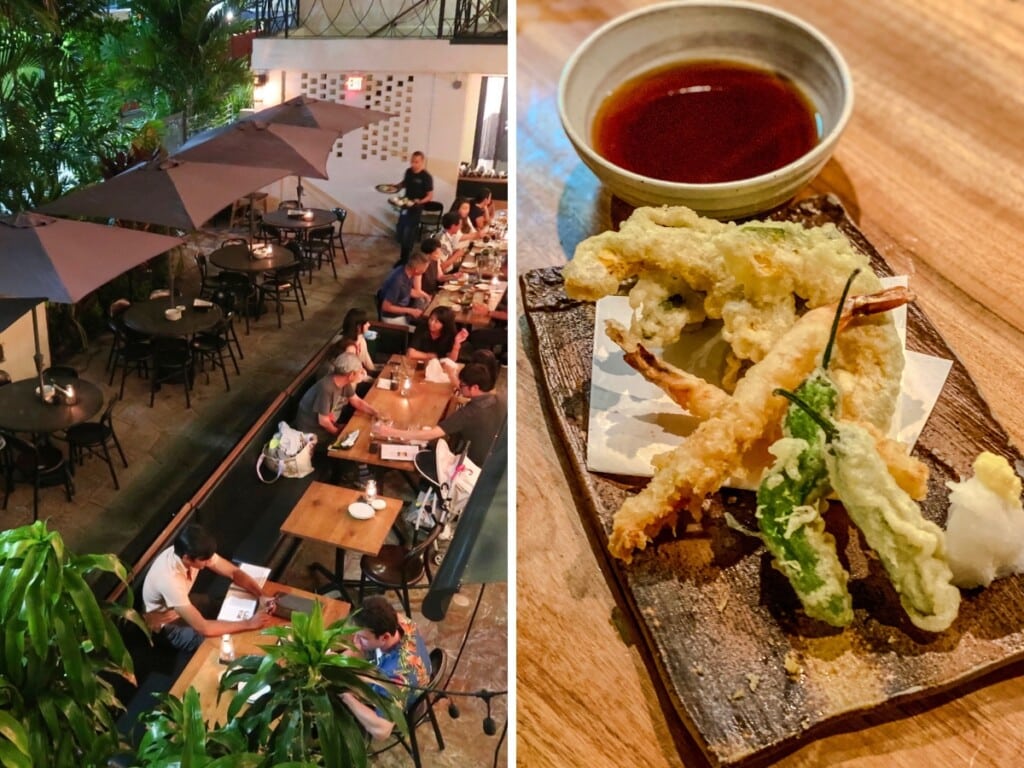 Left: Arial shot of ZIGU Japanese restaurant in Waikīkī and their outdoor dining area. Right: Plate of prawn and vegetable tempura with dipping sauce on a wood table.