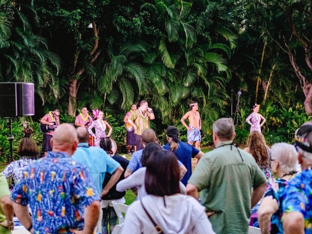 Before the luau show and dinner, guests are invited to participate in a group hula lesson at the Waikiki Starlight Luau at Hilton Hawaiian Village.