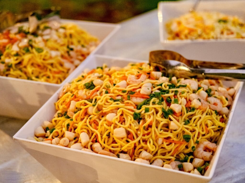 Soba Noodle Salad with seafood and shrimp garnished with spring onions and carrots at the Waikiki Starlight Luau: Rooftop.