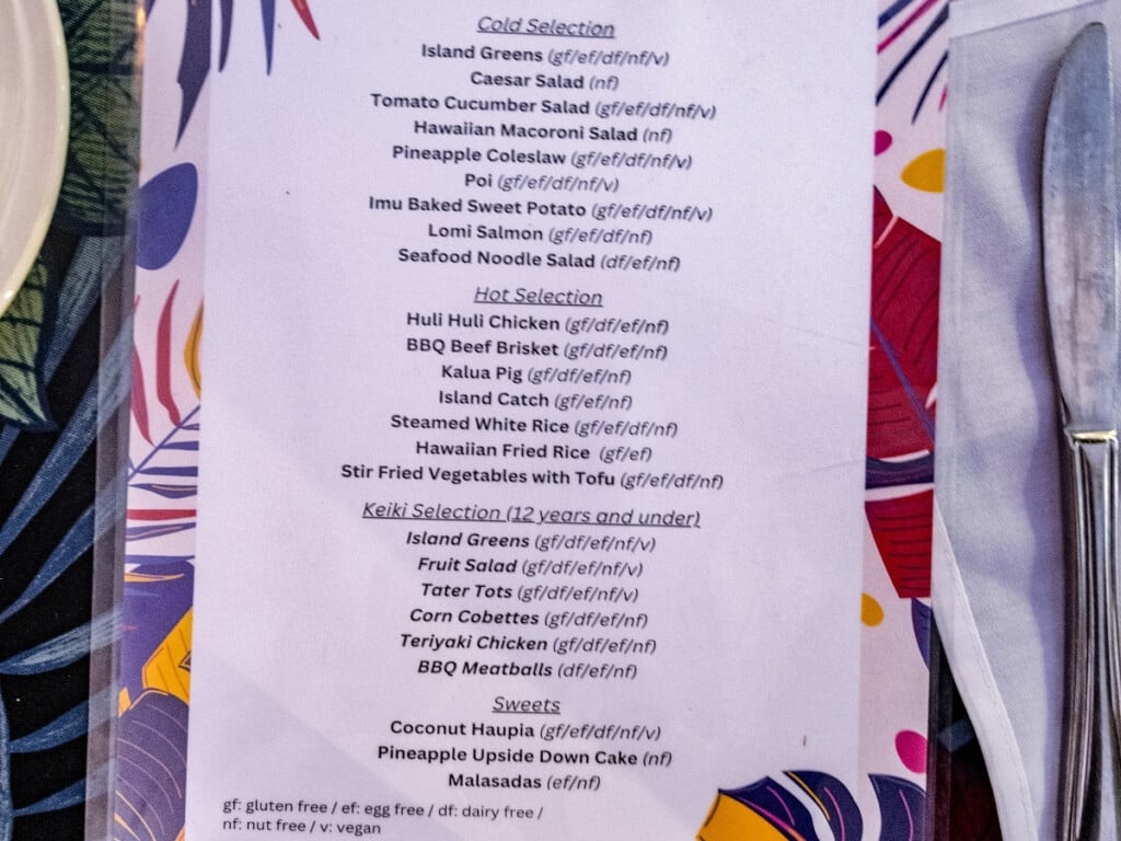 Buffet menu including cold and hot selections, kids menu and desserts from the Waikiki Starlight Luau: Rooftop.