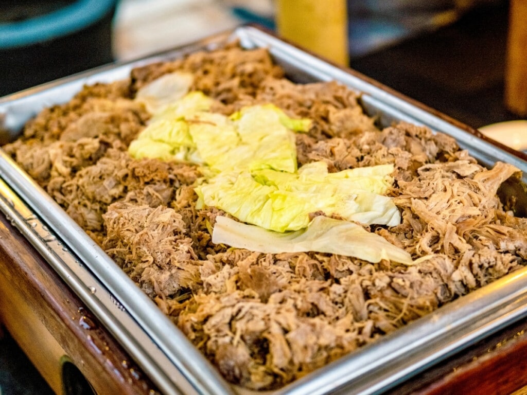 Bain-marie filled with Kalua Pork at the Waikiki Starlight Luau: Rooftop.