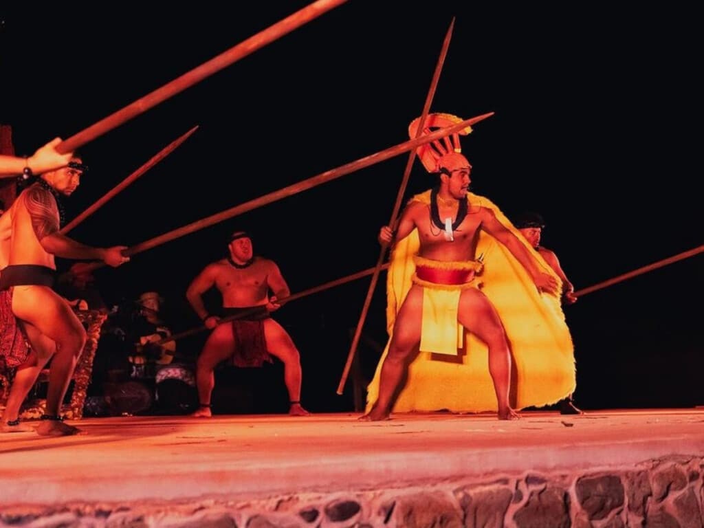 A Hawaiian warrior performing in the Mauka Warriors Luau.
