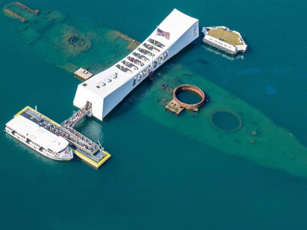 Aerial of the sunken USS Arizona Memorial at Pearl Harbor.
