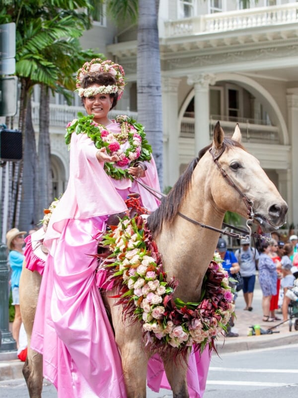 Paʻu Rider in the Aloha Festivals Floral Parade on Kalākaua Ave in Waikīkī, Oʻahu.