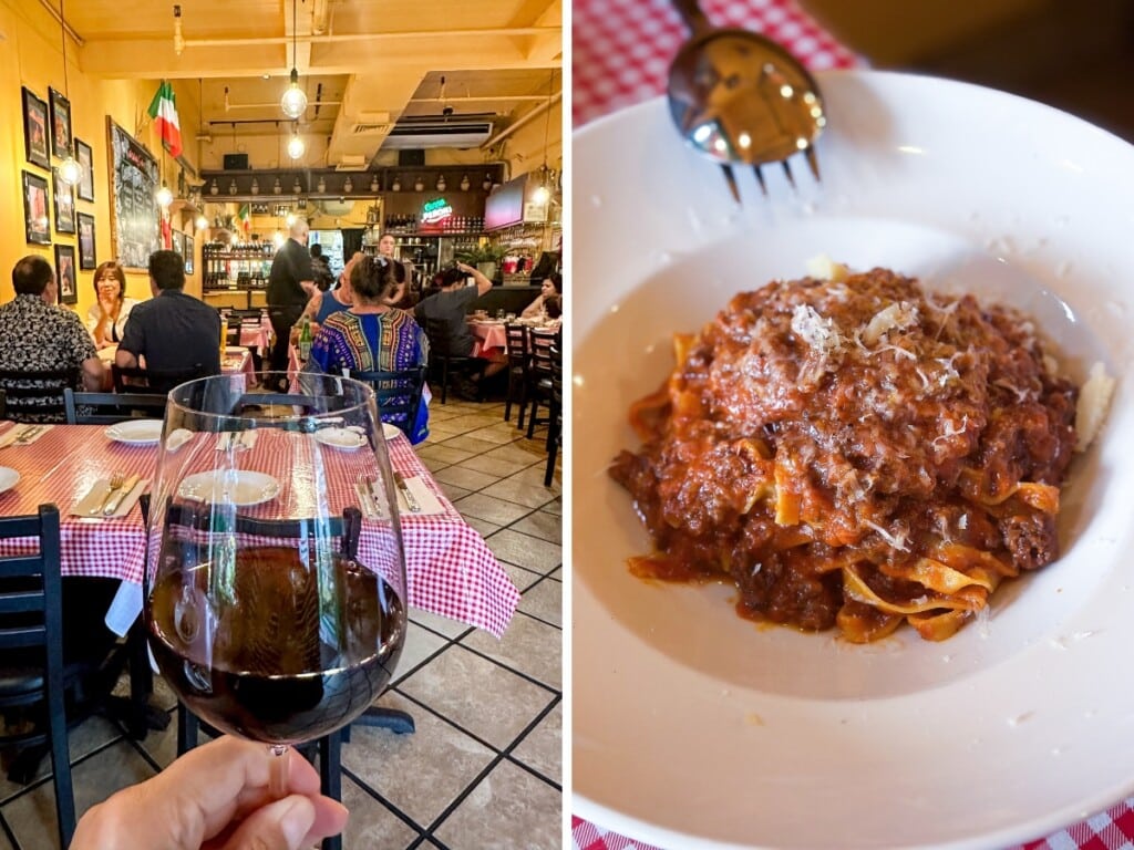 Left: Colorful view of Arancino on Beachwalk restaurant interior with glass of red wine in Waikīkī. Right: Aracino's authentic bolognaise on a red and white tablecloth.