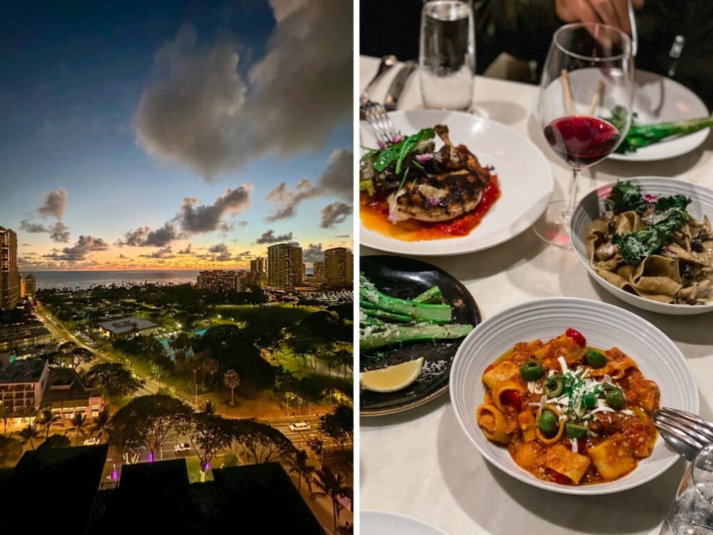 Left: View of Waikīkī skyline at night from Quiora Italian restaurant in Waikīkī. Right: A variety of of Italian dishes with selection of pasta and red wine.