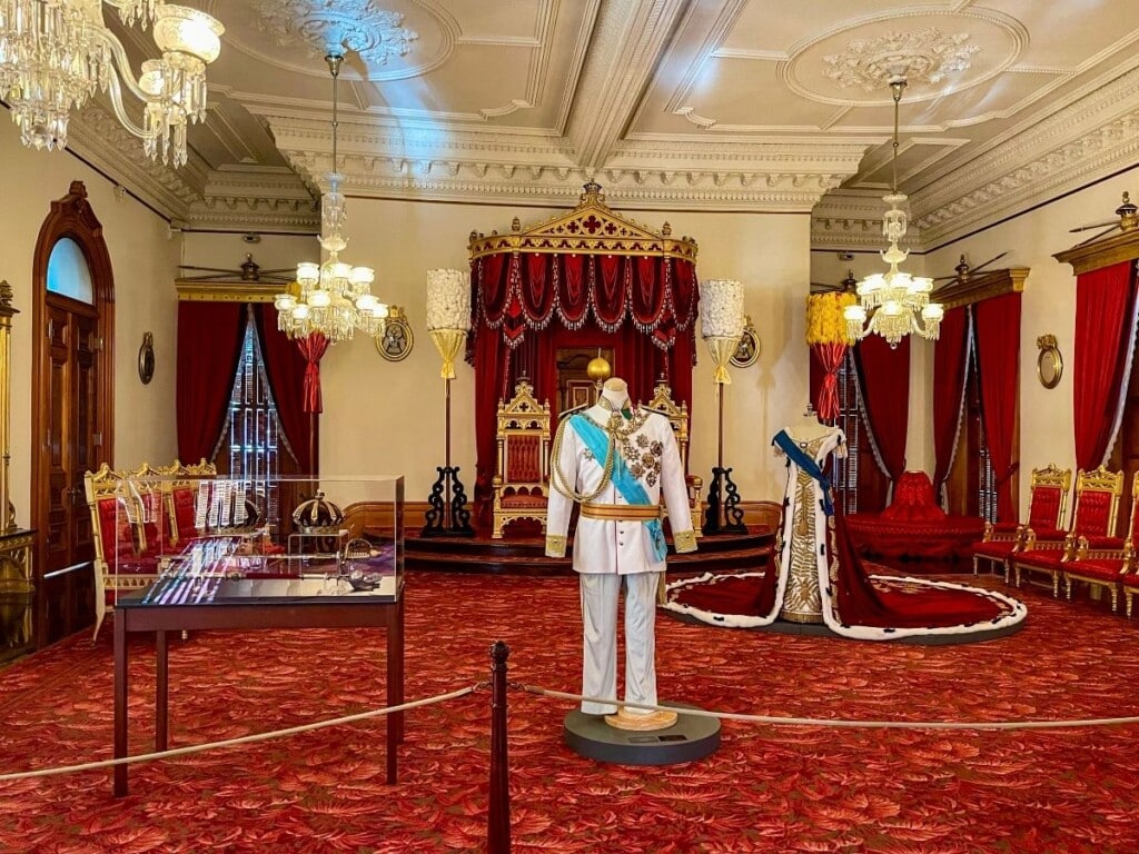 The Throne Room at ʻIolani Palace. The room displays royal gown, crowns, and seats reserved for the King and Queen to welcome their guests.