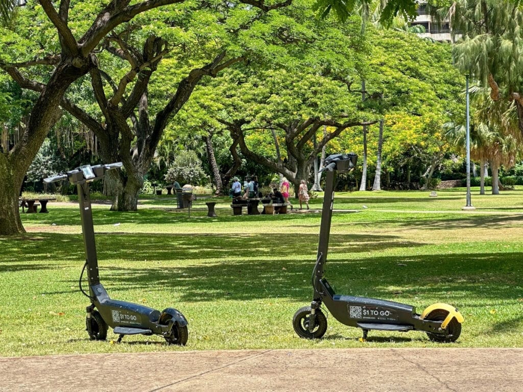 Go X Scooters ready to go at Fort DeRussy Beach Park.