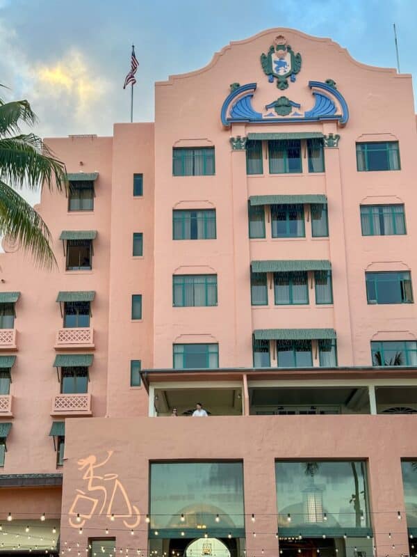 Hawaiian Style Rentals logo projected onto the The Royal Hawaiian resort.