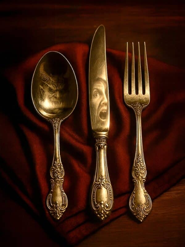 Three creepy cutlery items promoting the Trial of Fears interactive haunted house experience in Honolulu. Credit: @trialoffears
