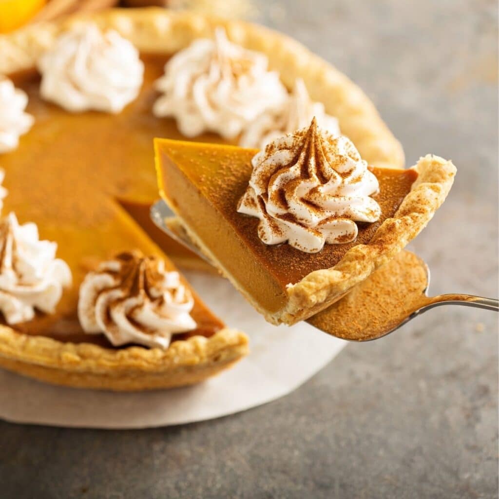 Slice of pumpkin pie topped with whipped cream and cinnamon, served from a whole pumpkin pie for Thanksgiving.