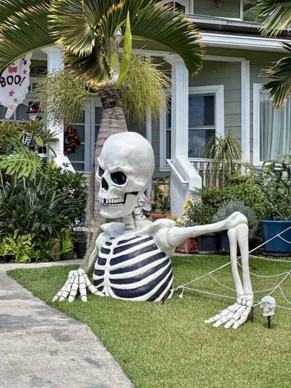 Skeleton on display at an Oʻahu home for Halloween.