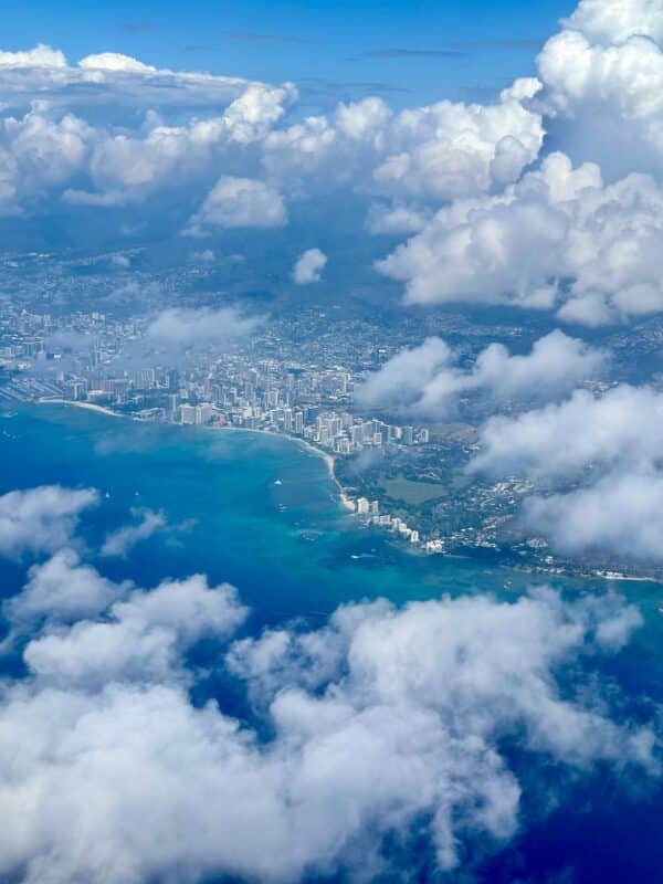 Waikīkī Beach aerial view over Oʻahu, Hawaiʻi.